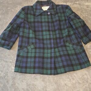 Vintage Pendleton Virgin Wool Black Watch Plaid Coat Jacket Green Blue Academic